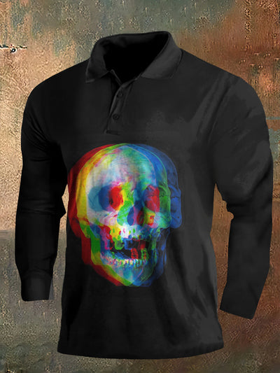 Dark StylePunk Skull Halloween Print Brains Long Sleeve Polo Shirt