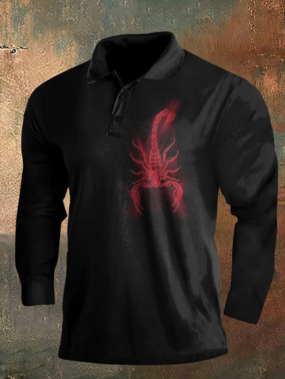 Dark Style Scorpion Print Halloween Long Sleeve Polo Shirt