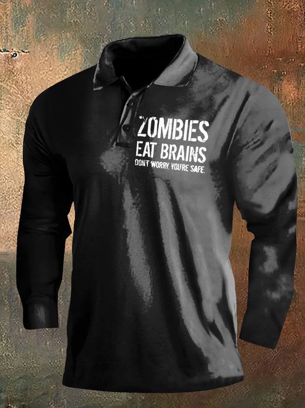 Dark Style Zombies Eat Brains Long Sleeve Polo Shirt