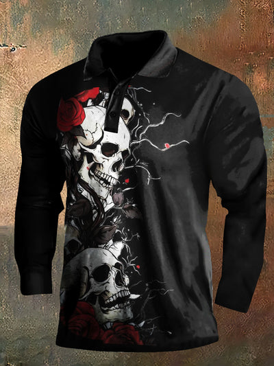 Dark Style Skull Print Long Sleeve Polo Shirt