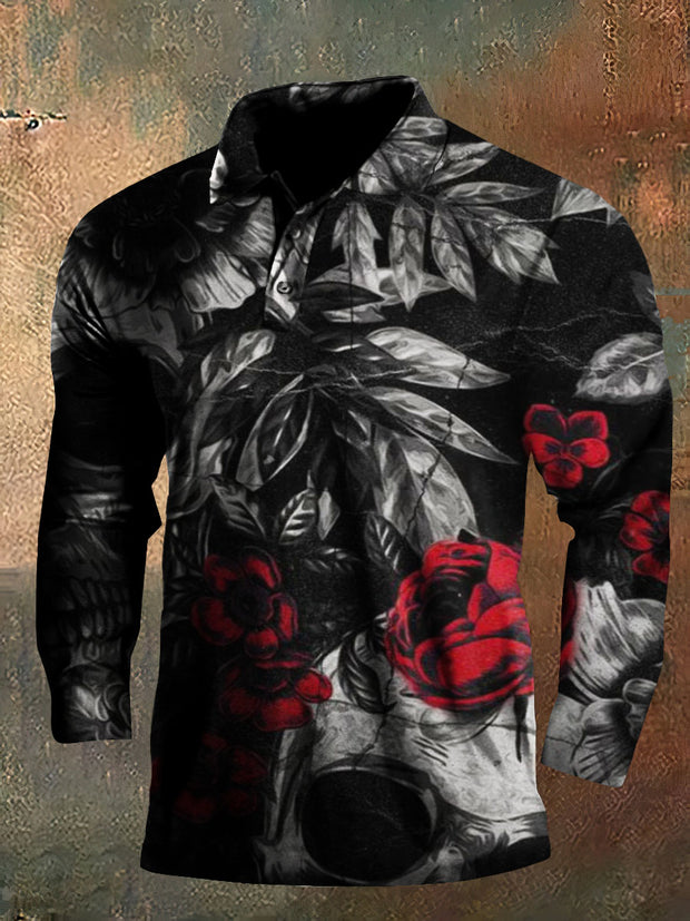 Dark Style Rose Skull Print Long Sleeve Polo Shirt