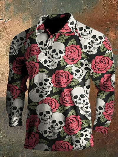 Dark Style Funny Skull Print Long Sleeve Polo Shirt