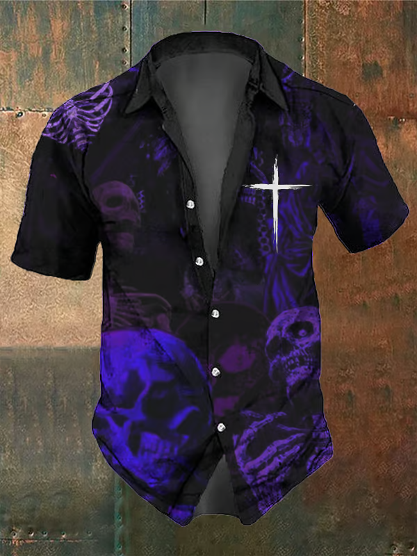 Men's Retro Dark Skull Casual Short Sleeve Shirt