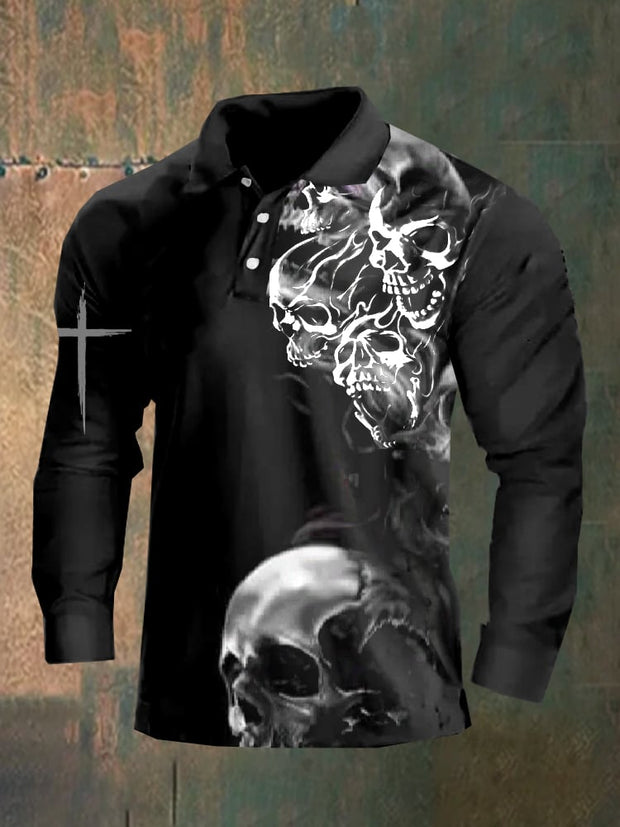 Dark style skull long sleeve polo shirt