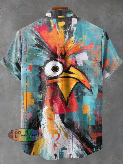 Abstract Art Color Block Combination Rooster Decorative Pattern Casual 100% Cotton Shirt NEW IN