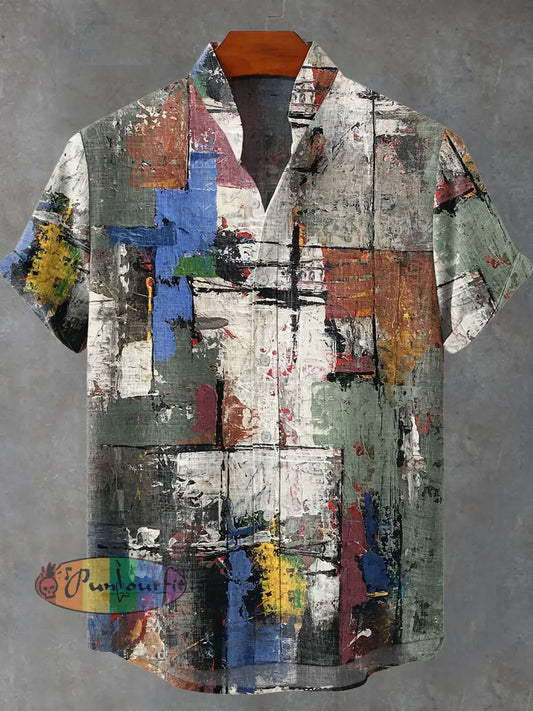 Abstract Art Colorful Oil Painting Color Block Decoration Pattern Casual 100% Cotton Shirt Multicolor / S GEOMETRIC ART