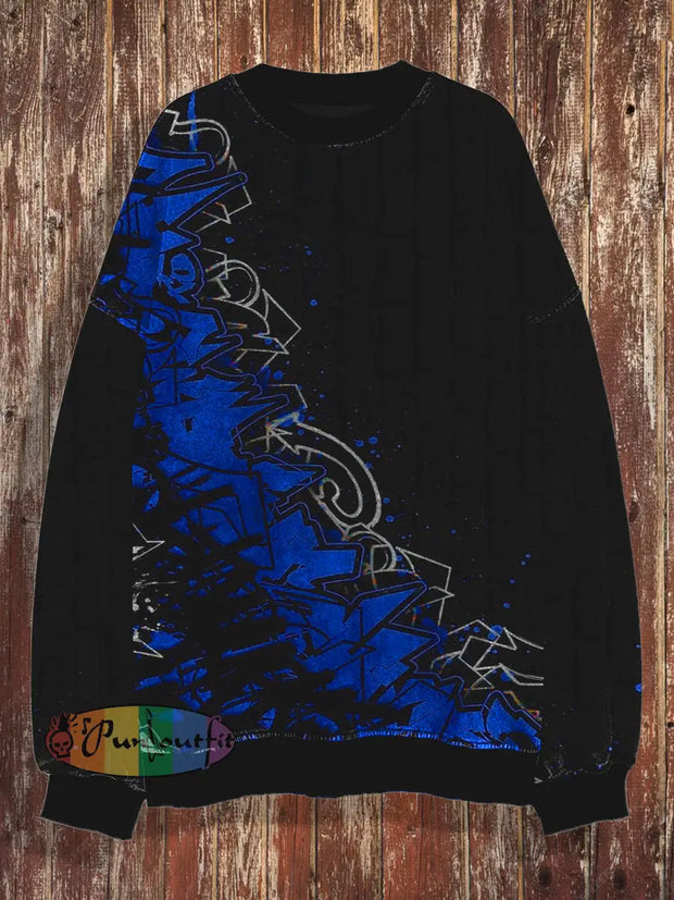 Abstract Art Retro Print Round Neck Casual Loose Long Sleeved Sweatshirt Black / S