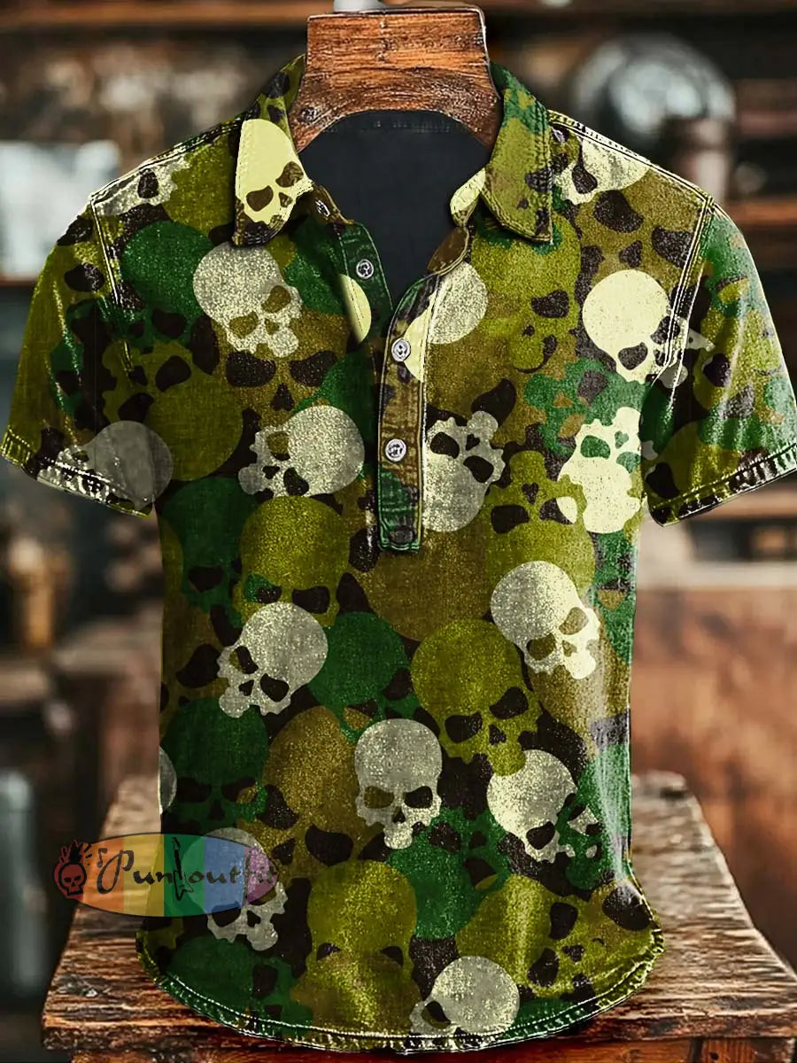 Abstract Camouflage Skull Print Casual Short Sleeve Polo Shirt As picture / S