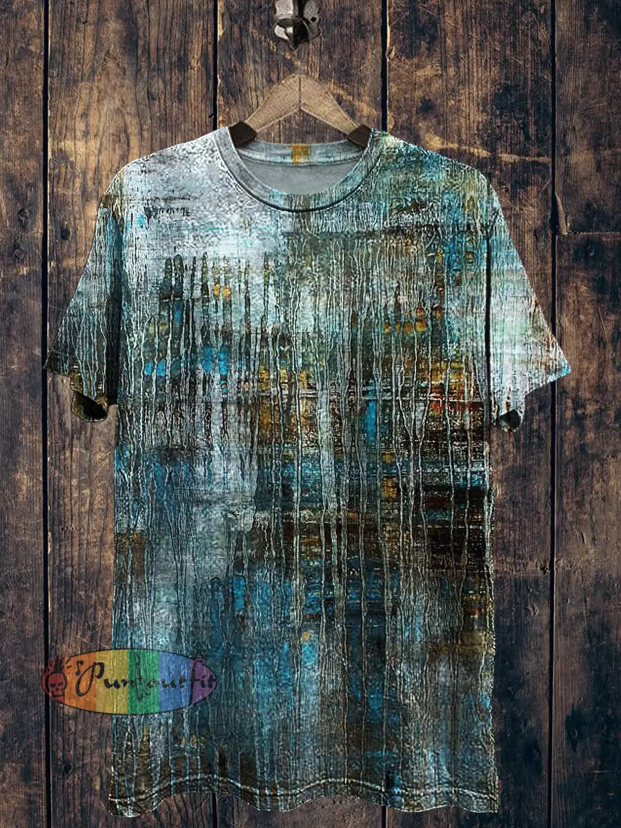 Abstract Printed Vintage Fashion Loose Short Sleeve T-Shirt Blue / S