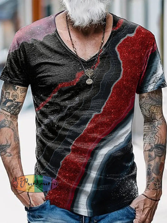 Abstract Printed Vintage Fashion Loose V-Neck Short Sleeve T-Shirt Black-Red / S