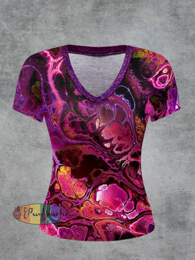 Abstract Printed Vintage Fashion Loose V-Neck Short Sleeve T-Shirt Rose Red / S