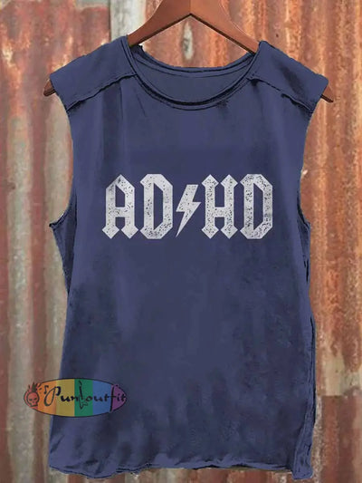 AD And HD Print Casual Crew Neck Vest Blue / S