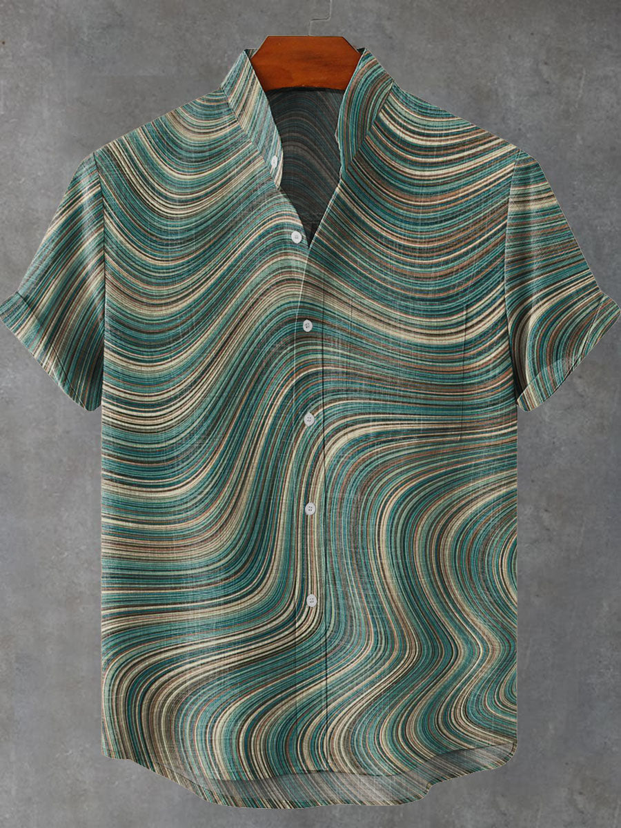 Green Tone Wavy Thin Line Decorative Pattern Casual 100% Cotton Shirt