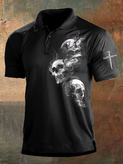 Men's Retro Dark Style Skull Print Polo Shirt