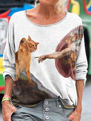 Vintage Funny Cat Art Print Casual Long Sleeve T-shirt