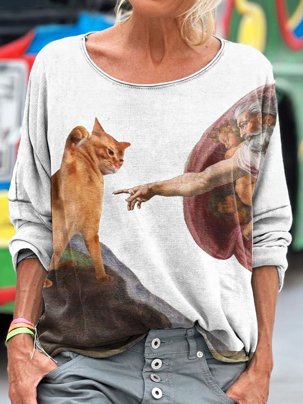 Vintage Funny Cat Art Print Casual Long Sleeve T-shirt