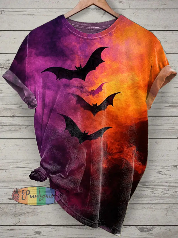 Bats Printed Vintage Fashion Loose Short Sleeve T-Shirt Purple / S