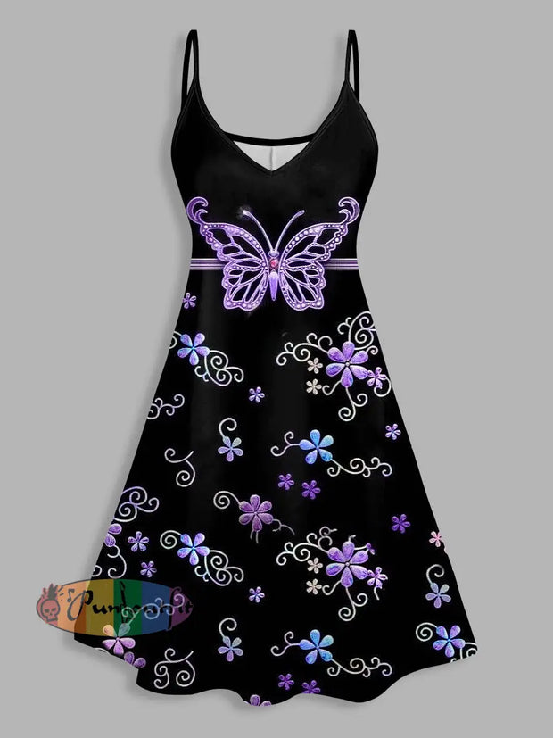 Butterfly Print V Neck High Waist Spaghetti Strap Dress Sleeveless Summer A Line Cami Dress Black / S