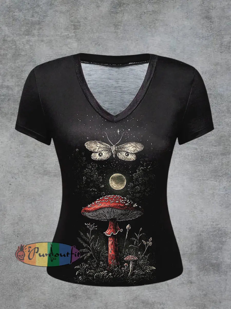 Butterfly Printed Vintage Fashion Loose V-Neck Short Sleeve T-Shirt Black / S