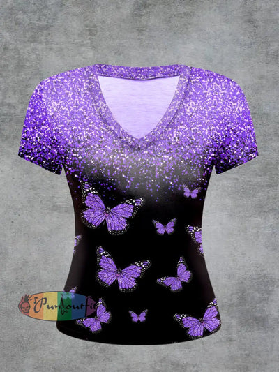 Butterfly Printed Vintage Fashion Loose V-Neck Short Sleeve T-Shirt Purple / S