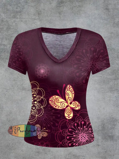 Butterfly Printed Vintage Fashion Loose V-Neck Short Sleeve T-Shirt Wine Red / S