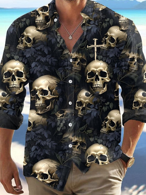 Men's Dark Skull Print Long Sleeve Shirt