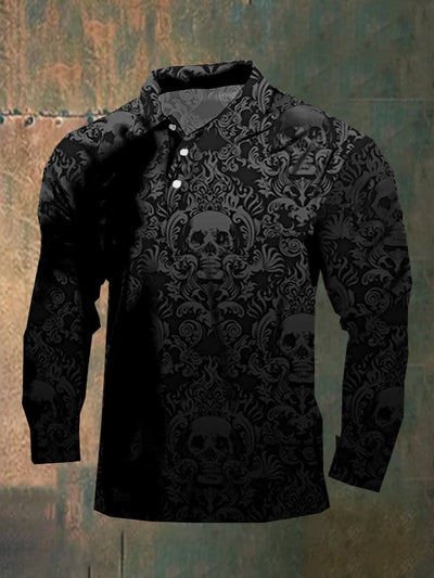 Dark style skull long sleeve polo shirt