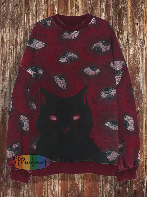 Cat Retro Printed Round Neck Casual Loose Long Sleeved Sweatshirt Red / S