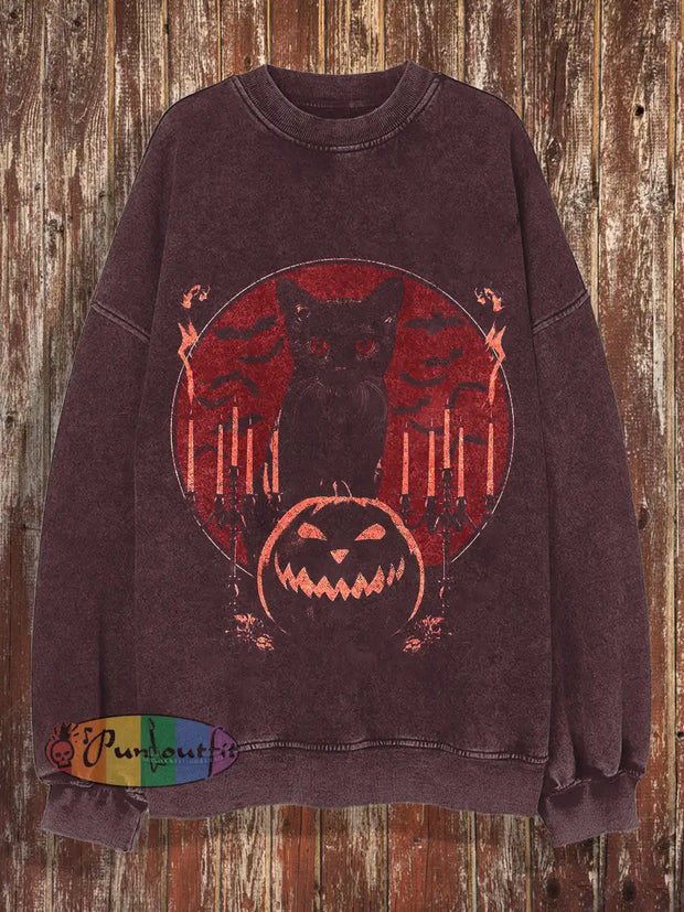 Cat Retro Printed Round Neck Casual Loose Long Sleeved Sweatshirt Red / S