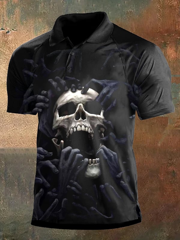 Men's Retro Dark Style Skull Print Polo Shirt