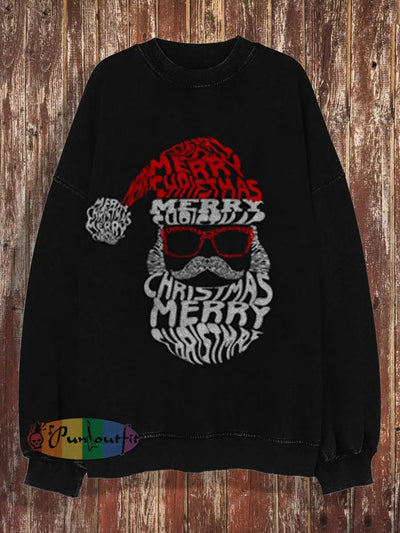 Christmas Elements Print Crewneck Fashion Loose Long-Sleeved Shirt Black / S