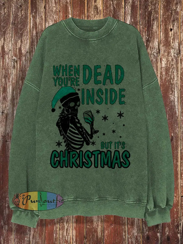 Christmas Elements Print Crewneck Fashion Loose Long-Sleeved Shirt Grass Green / S