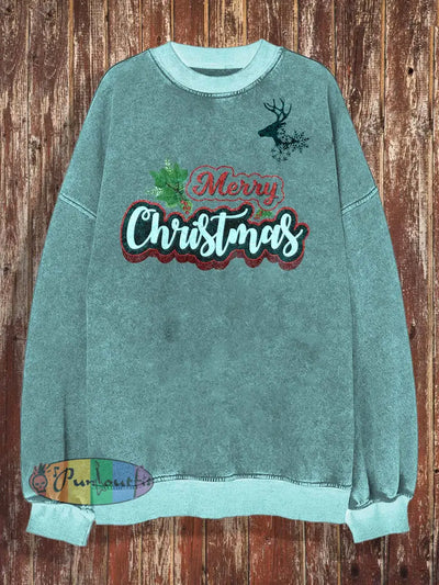 Christmas Elements Print Crewneck Fashion Loose Long-Sleeved Shirt Macaron Blue / S