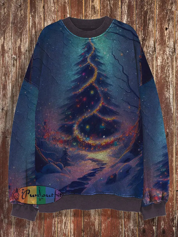 Christmas Retro Printed Round Neck Casual Loose Long Sleeved Sweatshirt Purple / S