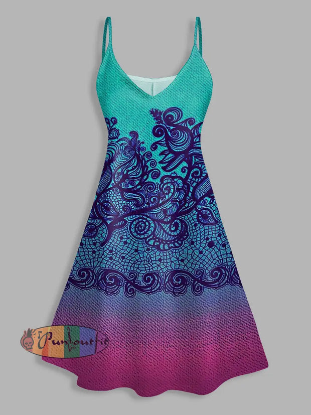 Colored Print V Neck High Waist Spaghetti Strap Dress Sleeveless Summer A Line Cami Dress Colorful / S