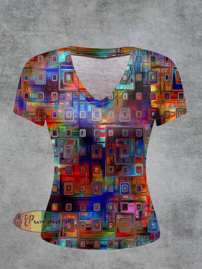 Colored Printed Vintage Fashion Loose V-Neck Short Sleeve T-Shirt Colorful / S