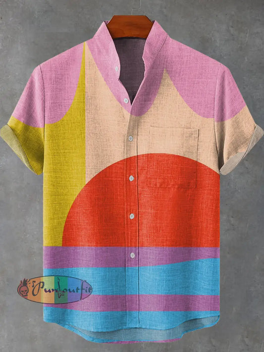 Colorful Abstract Art Vintage Print Casual 100% Cotton Shirt Multicolor / S GEOMETRIC ART DESIGN