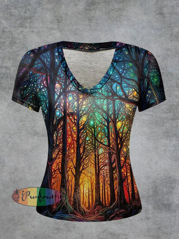 Colorful Forest Printed Vintage Fashion Loose V-Neck Short Sleeve T-Shirt Colorful / S