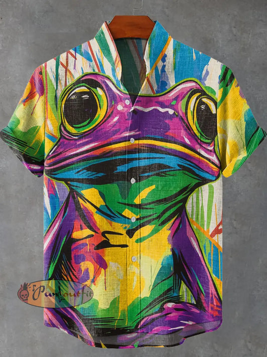 Colorful Frog Decorative Pattern Casual 100% Cotton Shirt Multicolor / S NEW IN
