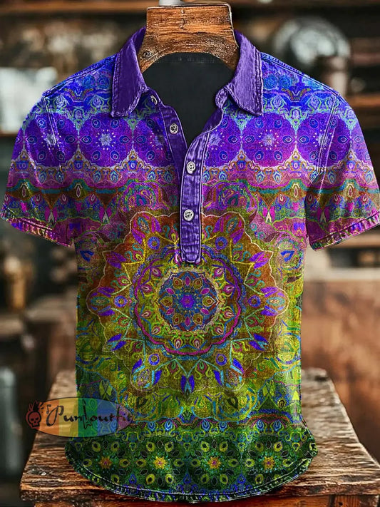 Colorful Mandala Print Casual Fashion Short Sleeve Polo Shirt Purple / S