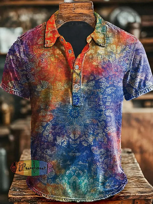 Colorful Mandala Print Casual Short Sleeve Polo Shirt As picture / S