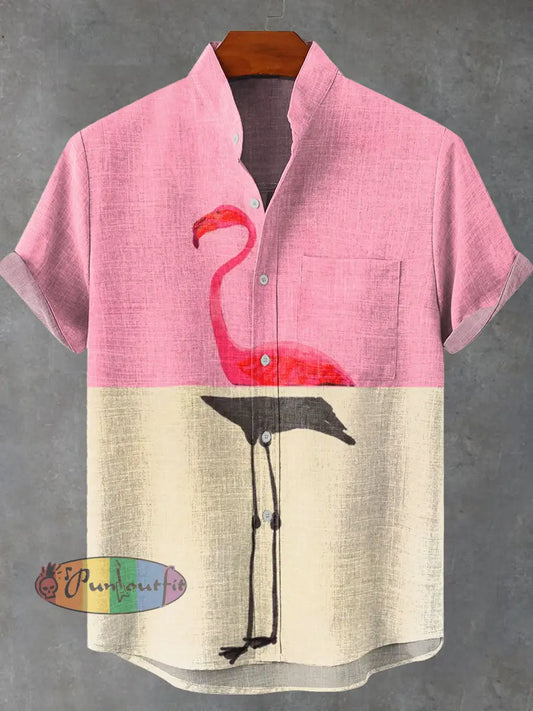 Contemporary Flamingo Portrait In Realistic and Abstract Art Styles Art Vintage Print Casual 100% Cotton Shirt