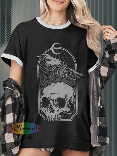 Crow And Skeleton Funny Print Casual Short Sleeves T-Shirt Black / S