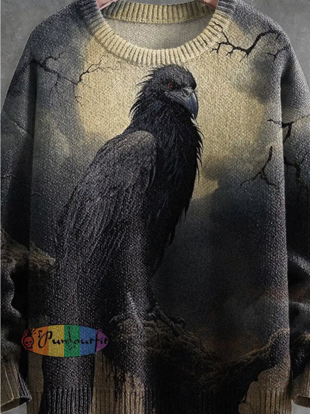 Crow Dark Halloween Print Knit Pullover Sweater Men\’S Clothing