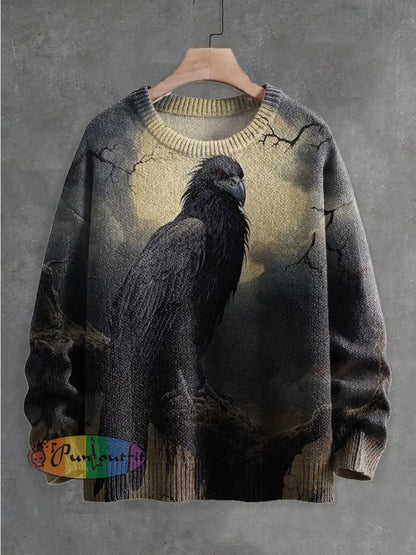 Crow Dark Halloween Print Knit Pullover Sweater Multicolor / S Men\’S Clothing