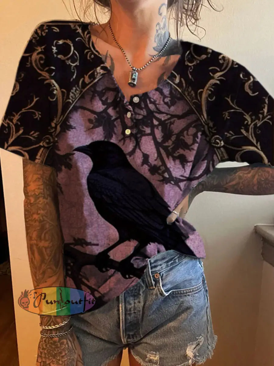 Crow Print Cotton Crew Tee Multicolor / S NEW IN