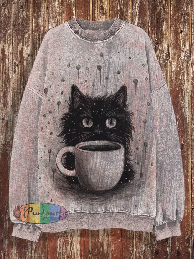 Cute Cat Retro Printed Round Neck Casual Loose Long Sleeved Sweatshirt Pink / S