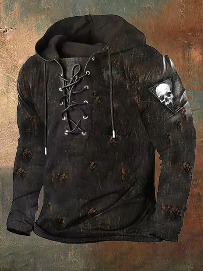 Men's retro western contrast patchwork lace-up sweatshirt