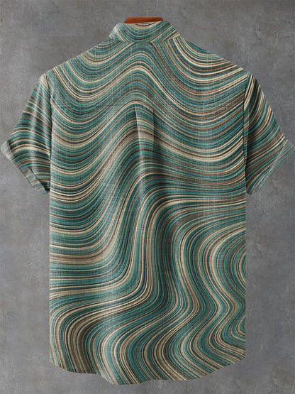Green Tone Wavy Thin Line Decorative Pattern Casual 100% Cotton Shirt