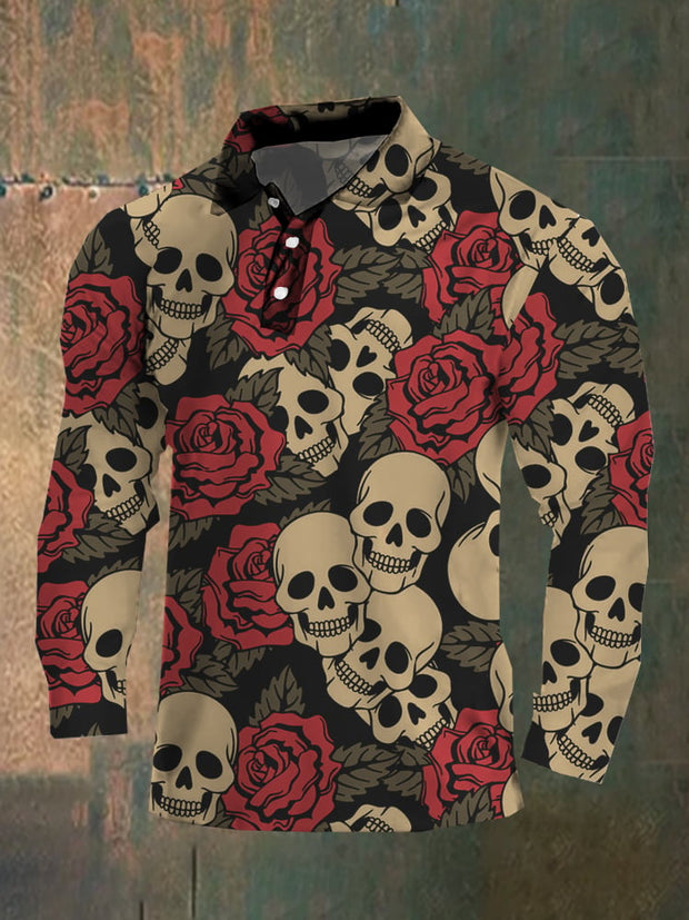 Dark style skull long sleeve polo shirt